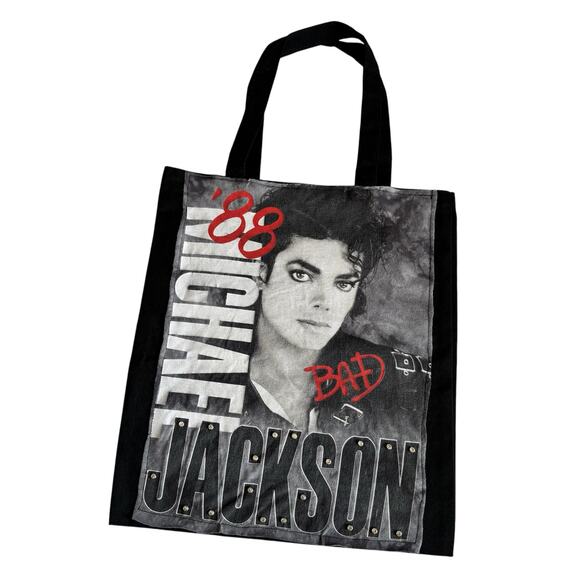 Via Penny Lane Reworked Apparel Michael Jackson BAD ‘88 Black Canvas Tote Bag OS - Picture 1 of 5